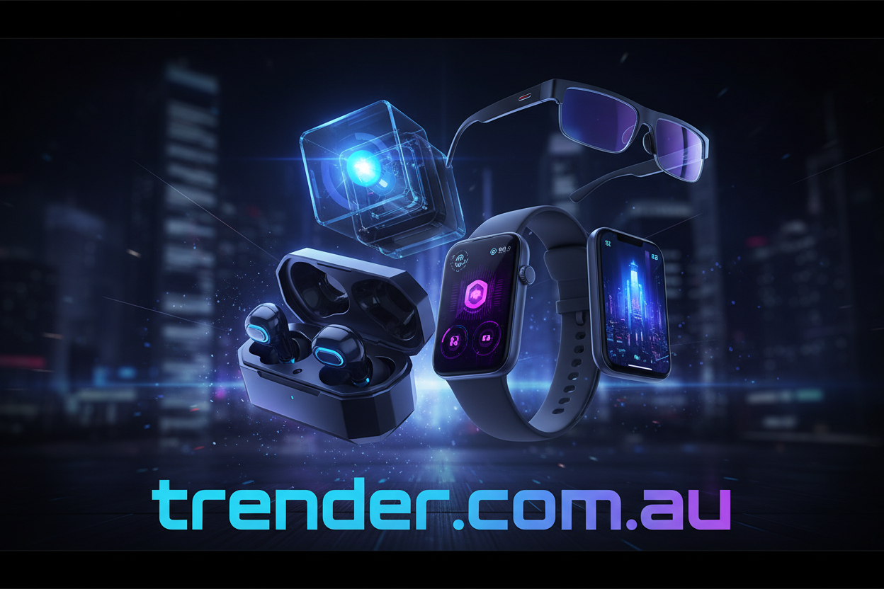 edgy cool image to display on front webpage that says trender.com.au make it in the theme of electronics and gadgets