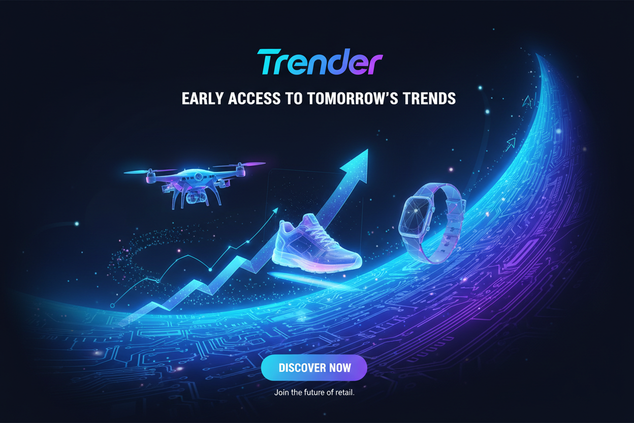 Trender is your shortcut to what’s new, exciting, and blowing up online. We find the products people can’t stop talking about and source them straight from the makers, giving Aussies early access, fair prices, and a shopping experience built on trust. Discover what’s trending next. creat a landing page image that is tech inspired